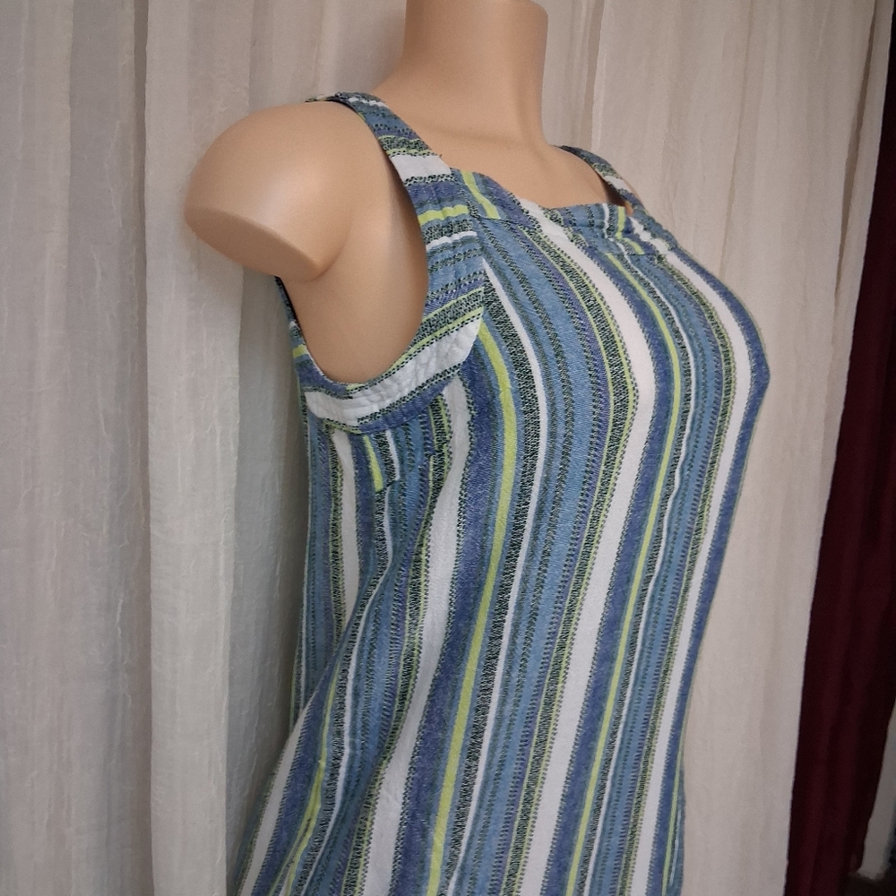 For Cynthia Blue and Green Striped Mini Dress Women Sz XS 55%Lino 48% Viscose - Picture 14 of 16